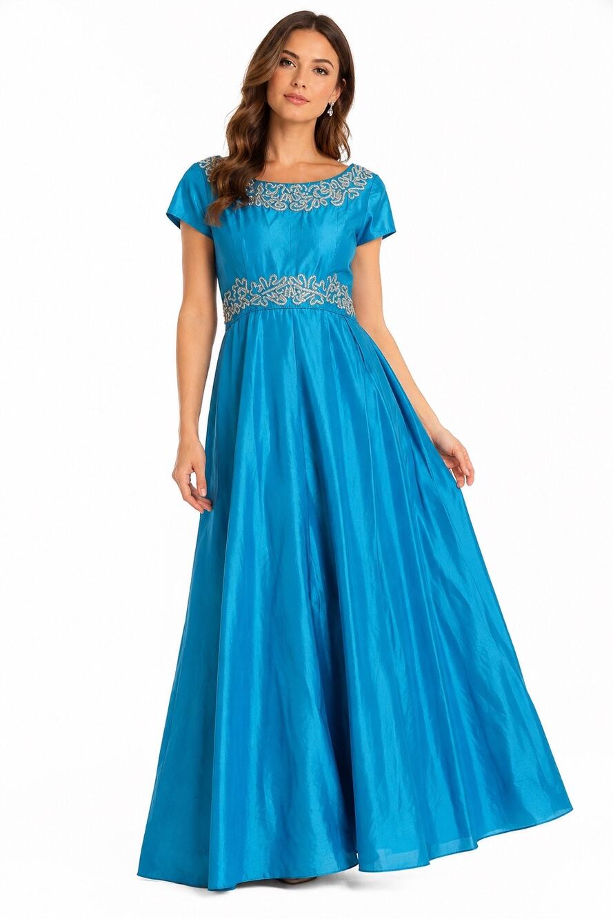 1970s Emma Domb Turquoise Sequin Maxi Gown USA Made M/L